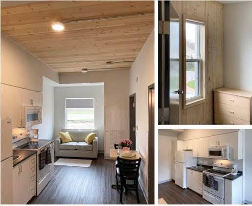 Interior renderings of compact affordable rental apartments with kitchens and living areas
