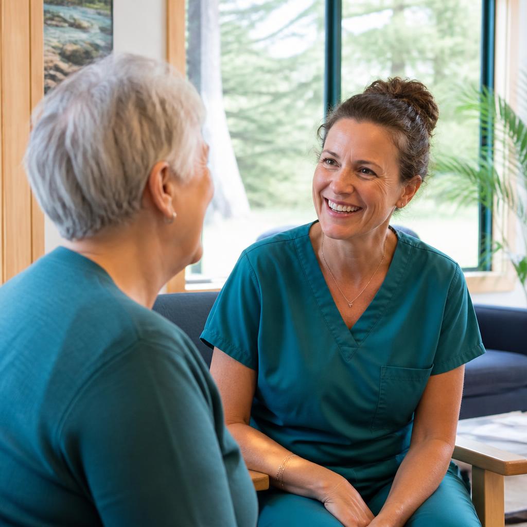A health care worker talking with a senior resident in a bright Muskoka community clinic